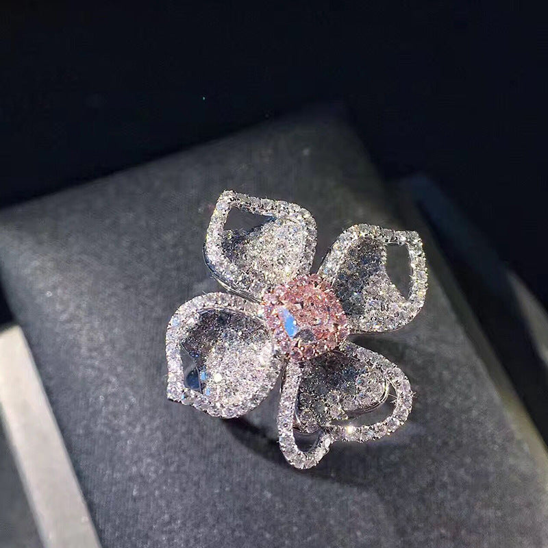 Four Leaf Clover Flower Full Diamond Ring Gold Plated Adjustable Opening Fashion Jewelry Statement Ring For Women