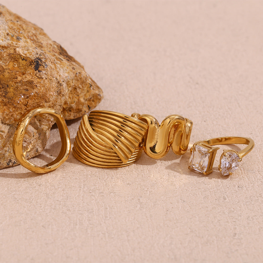 Stainless Steel Ring 18K Gold Plated Open Zircon Water Drop