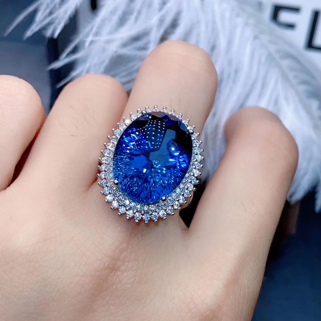 Women's Deep Sea Blue Diamond Gem Ring Adjustable Copper Gold Inlaid Geometric Fashion Accessory Classic Shine