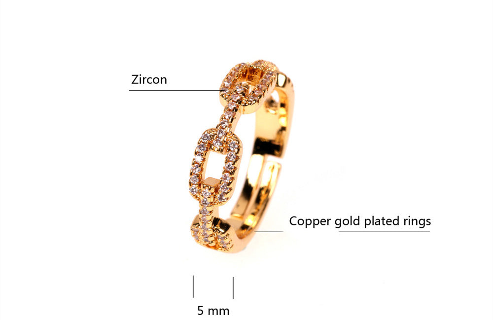Copper Chain Ring With Zircon Gold Plated Adjustable Fashion Jewelry For Women European American Style Sparkle