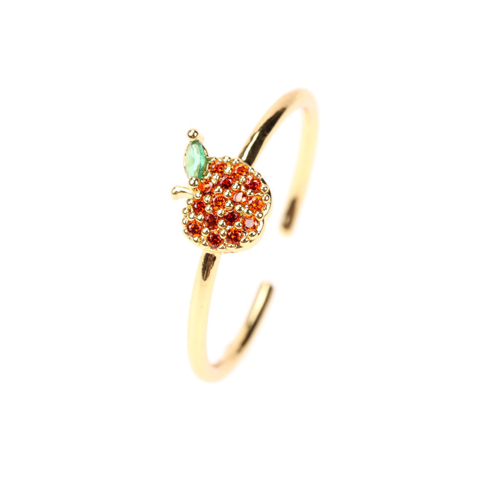 Fruit Zircon Copper Ring for Women Cute Design with Apple Watermelon Cherry Strawberry Grape Pineapple Peach Pine