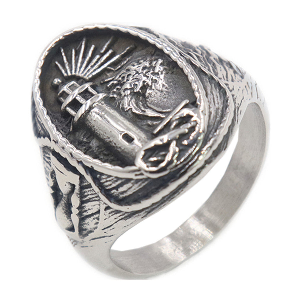 Men's Stainless Steel Ring Ocean Lighthouse Design Unisex Band Steel Color Medium Gold Ring Animal Zodiac Modeling