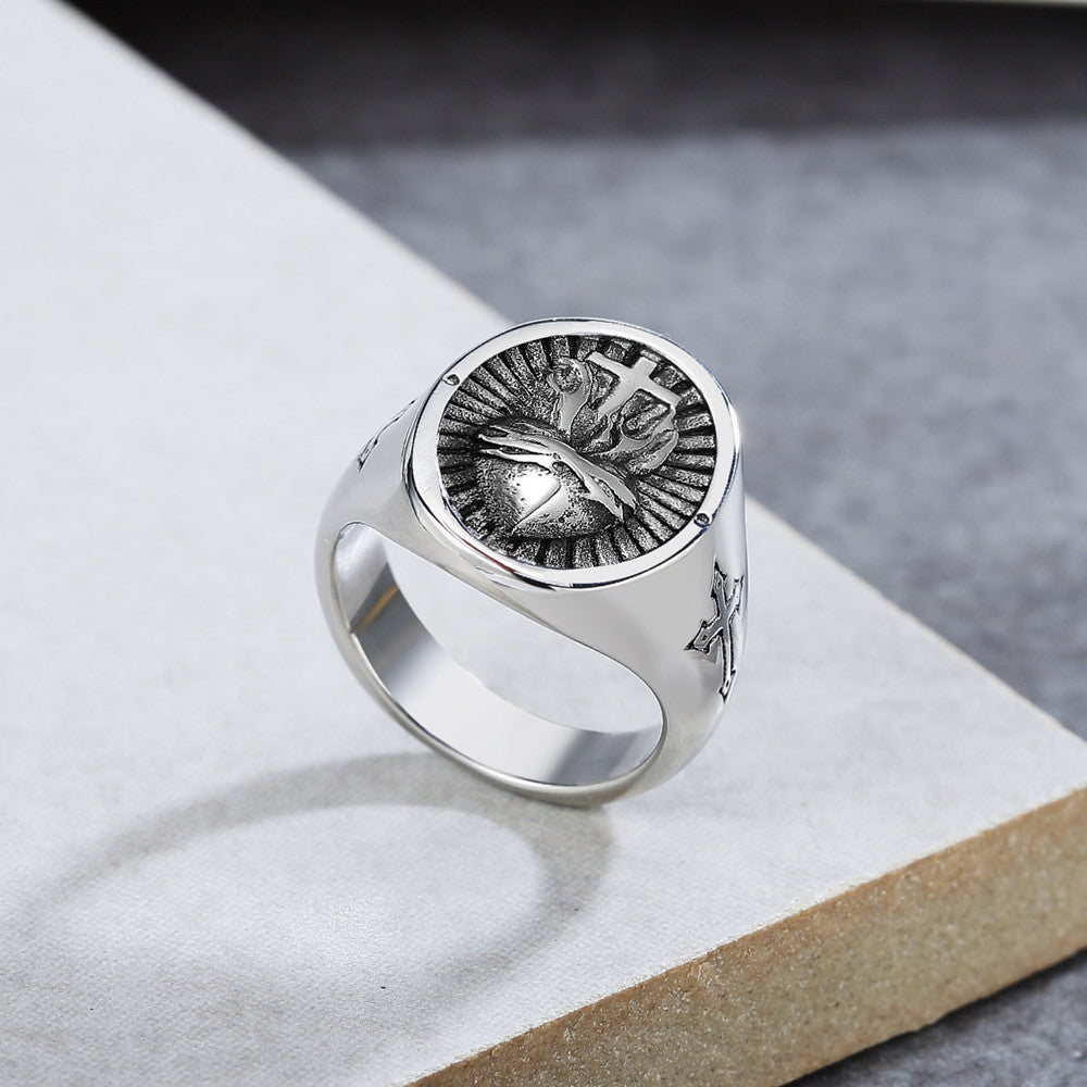 Titanium Steel Cross Heart Ring For Men And Women Retro Design Fashion Jewelry Durable Wedding Band Engagement