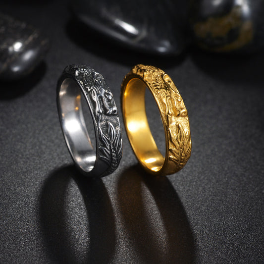 Unisex Titanium Steel Ring With Chinese Dragon Zodiac Design Electroplated Gold Silver Band Sizes 8 9 10 11 12 13