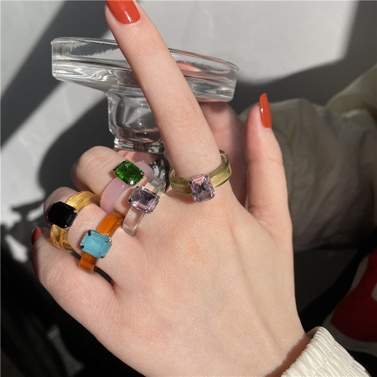 Womens Acrylic Resin Rings With Rhinestones Fashion Leaves Geometric Statement Ring For Women And Girls Trendy