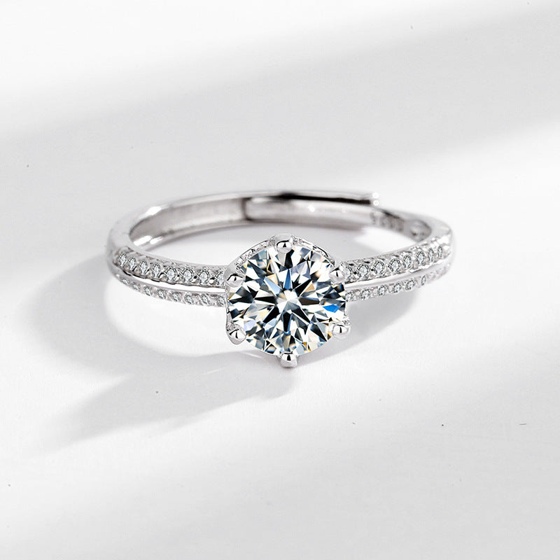 Sterling Silver Ring Double Row Six Claws Zircon Adjustable Opening Geometric Design Ring For Women 925 Silver