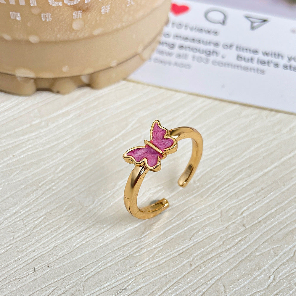 Vintage Butterfly Geometric Alloy Ring With Dripping Oil Design European American Fashion For Women Pink Women