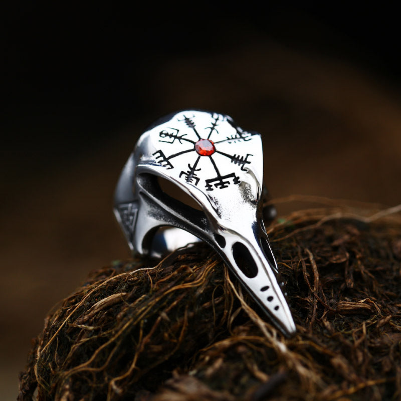 Men's Viking Crow Ring with Inlaid Jewel Vintage Compass Design Titanium Steel Animal Retro Ring for Him Fashion Jewelry Gift