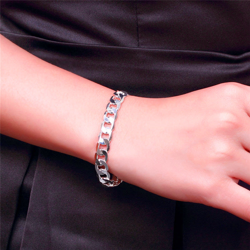 Mens Silver Curb Chain Bracelet Durable 6mm 8mm 10mm 12mm