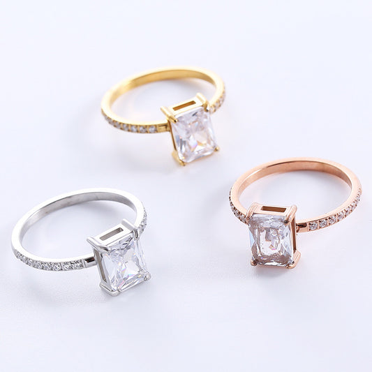 Womens Stainless Steel Ring Electroplated Square Ring Special Interest Design Ring Simple Circle Line Ring Gift for Her Steel Gold Rose Gold