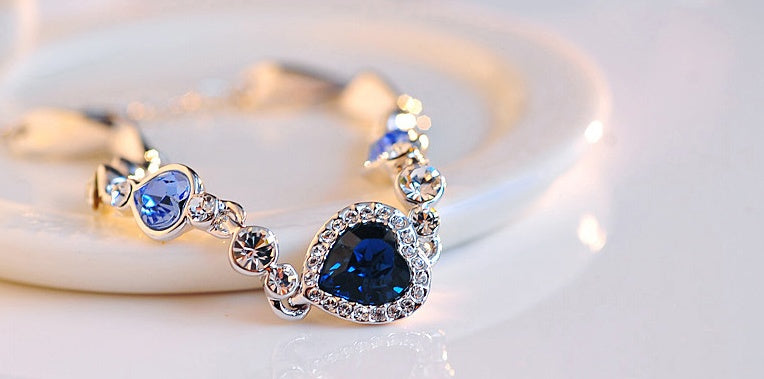 Heart Bracelet With Blue Crystals Love You Heart Design Alloy Metal Plated Finish Elegant Jewelry Gift For Her