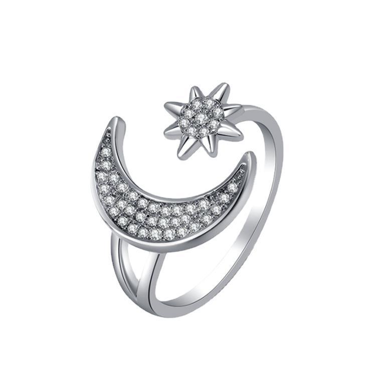 Womens Adjustable Ring Star Moon Design Copper Zircon Inlaid Fashion Jewelry Elegant Versatile Accessory Sleek