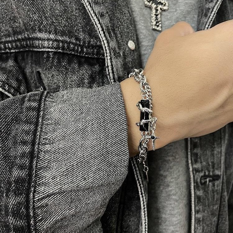 Unisex Titanium Steel Bracelet Geometric Star Lines Octagonal Design With Black Diamond Accent Minimalist Jewelry