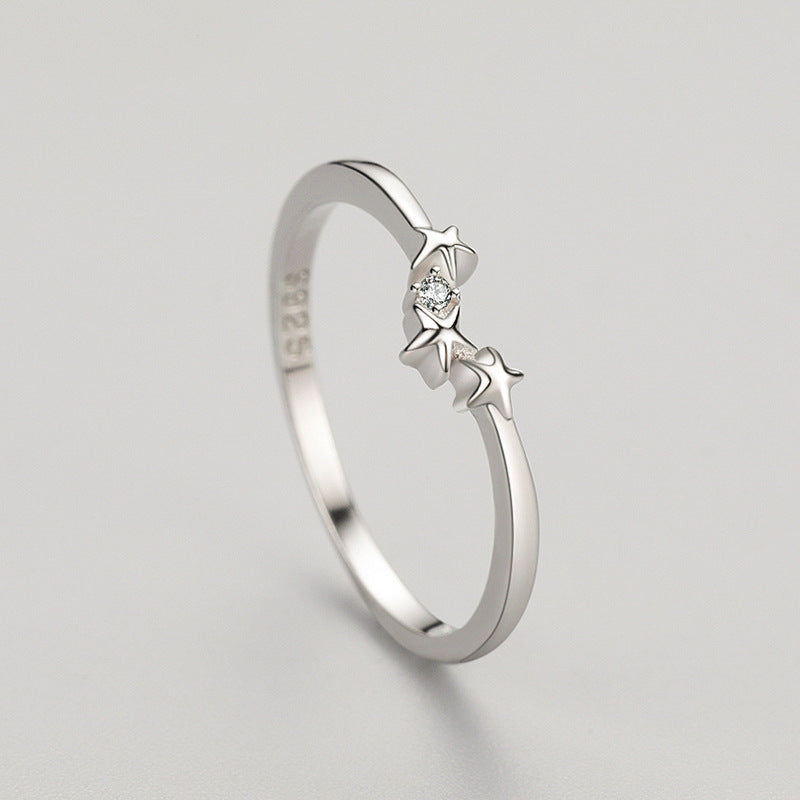 Womens Sterling Silver Ring With Sweet Star Design Geometrical Shape Gold Plated Inlaid Gemstones S925 US5 US6