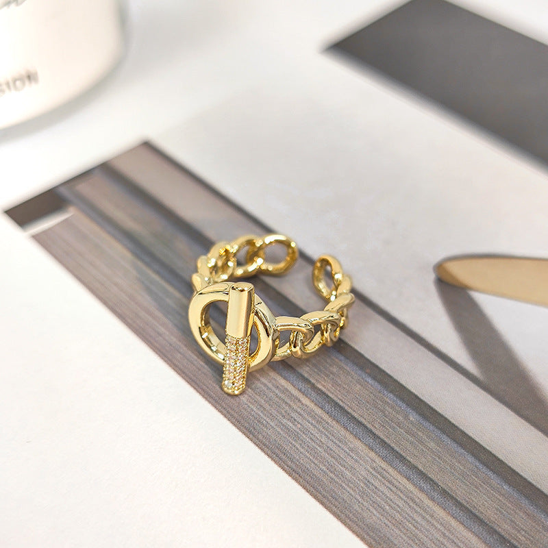 Women Adjustable Zircon Inlaid Ring Gold Plated Copper Geometric Statement Fashion Jewelry Accessory Elegant Everyday