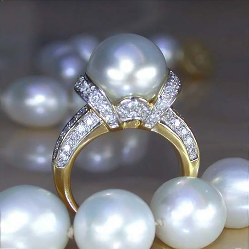 Gold Plated Zircon Pearl Ring Geometric Design for Wedding Engagement Jewelry Durable Fashion Accessory Elegant
