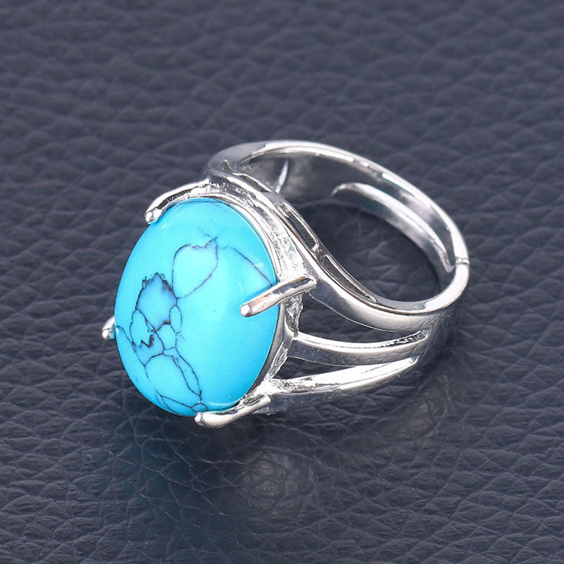 Womens Natural Stone Ring Four Claw Inlay Ellipse Gem