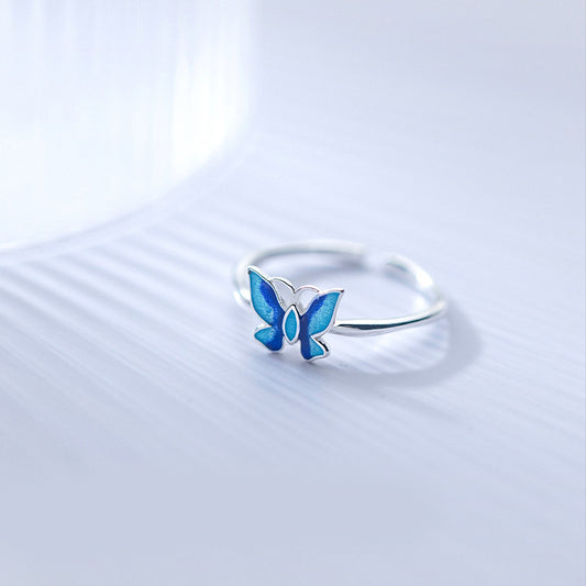 Silver Ring With Blue Butterfly Design And Delicate Insect Motif Adjustable Opening For Women Jewelry S925 Collection