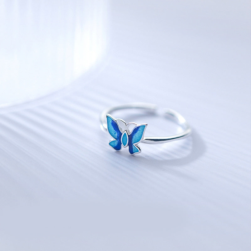 Silver Ring With Blue Butterfly Design And Delicate Insect Motif Adjustable Opening For Women Jewelry S925 Collection
