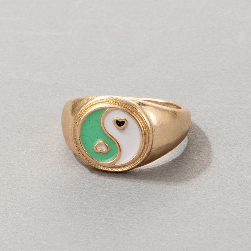 Bohemian Cartoon Ring Dripping Oil Alloy Heart Shaped Ring With Floral Daisy Or And Rainbow Elements For Women