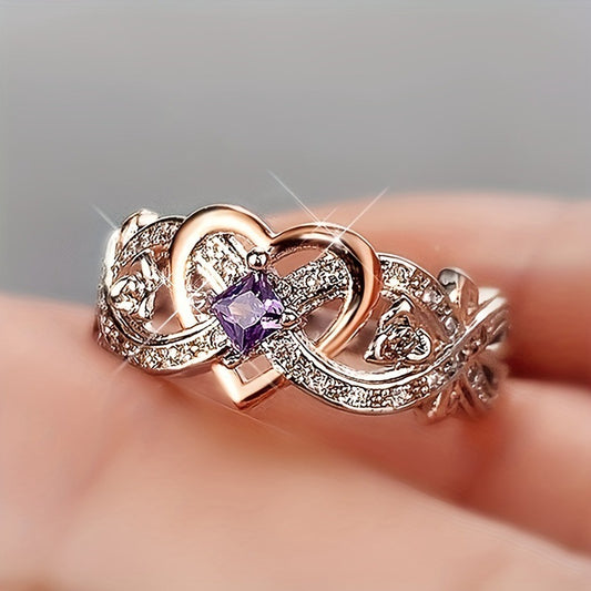 Heart Shaped Purple Zircon Ring Electroplated Alloy Jewelry For Women Elegant Fashion Accessory For Daily Wear