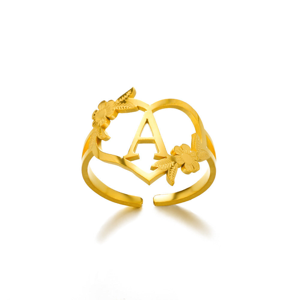 Heart Shaped Initial Rings Women Adjustable Stainless Steel Letters Ring Unisex European Design Letters Numbers