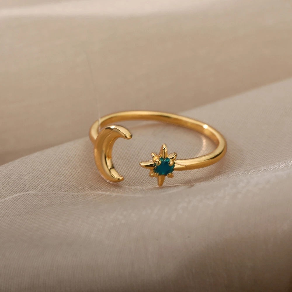 Sterling Silver Ring Adjustable Open Design With Cubic Zirconia Inlay Moon Index Finger Ring Silver Niche Ring