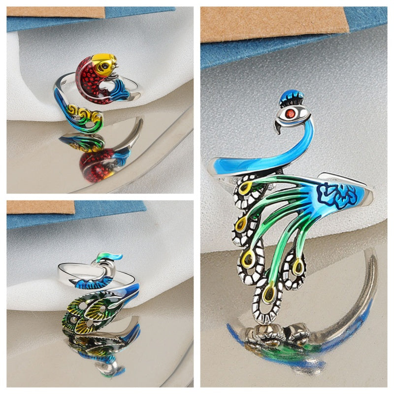 Womens Adjustable Copper Ring Peacock Inlaid Gem Electroplated Retro Design Ring For Women With Colorful Gem Inlays
