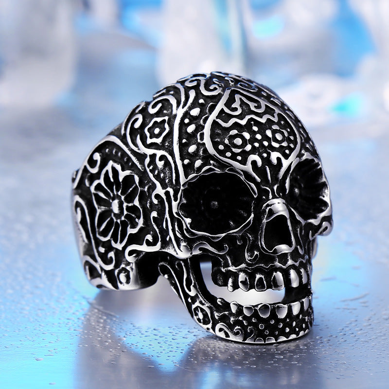 Mens Titanium Skull Ring Black Polished Retro Punk Style Statement Jewelry Durable Bold Ring For Men With Fashion Edge