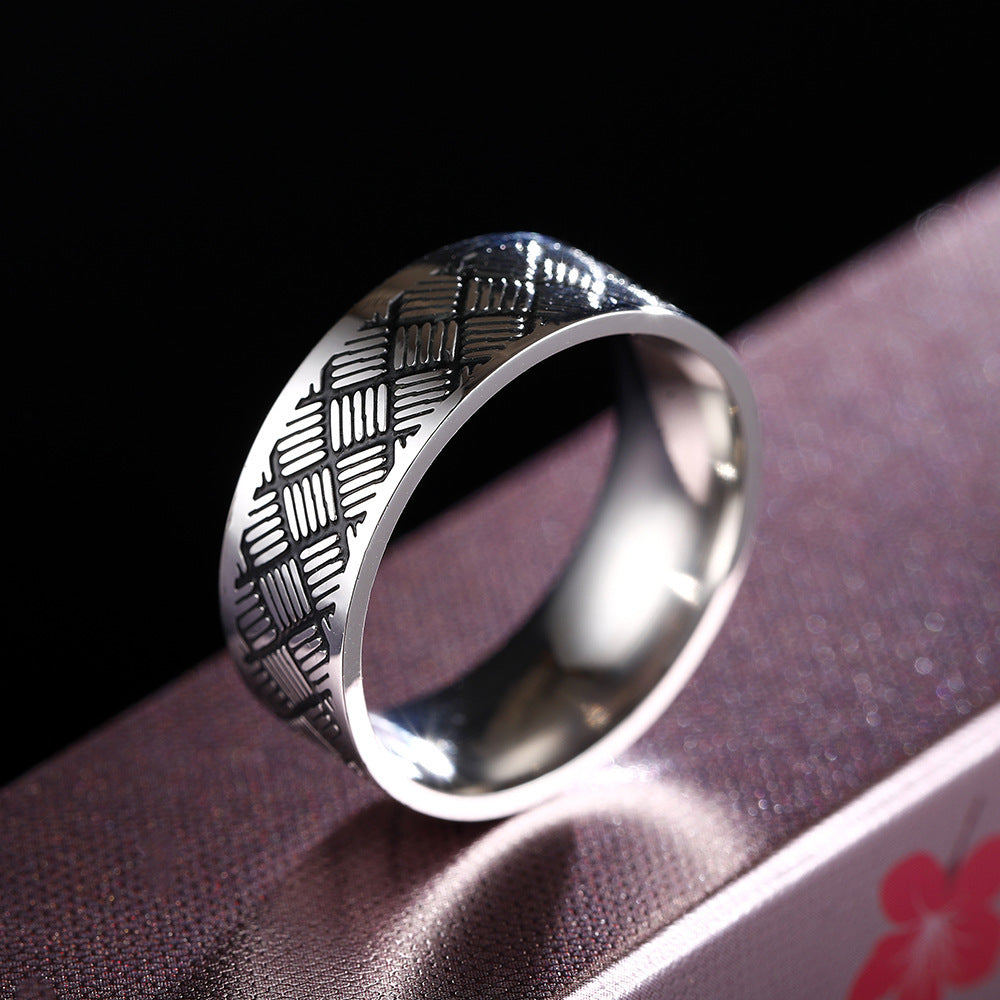 Vintage Geometric Engraved Ring 8mm Stainless Steel Band Titanium Look Men Women Fashion Jewelry Classic Style