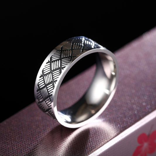 Vintage Geometric Engraved Ring 8mm Stainless Steel Band Titanium Look Men Women Fashion Jewelry Classic Style