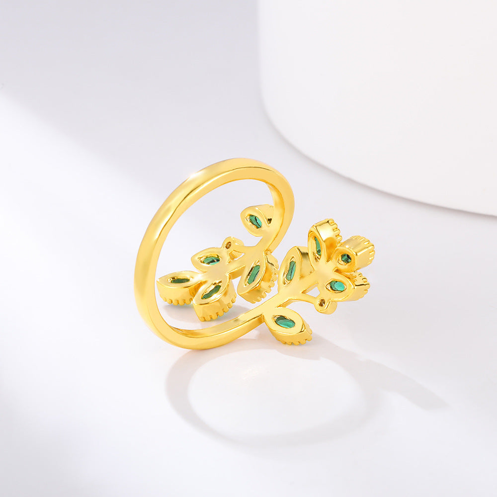 Zircon Leaf Cross Ring For Women Adjustable Switchable Index Finger Gold Plated Ornament With Elegant Sparkles