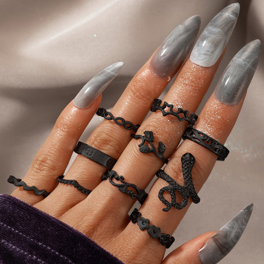 Womens Ring Set Vintage Star Ring Rose Ring Flower Ring Snake Ring Alloy Ring European Hollow Design 10 Pieces