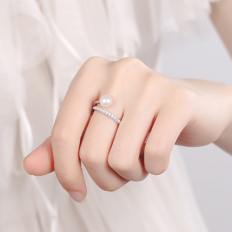 Womens 925 Silver Ring Adjustable White Gold Plated Inlaid Ornaments Pearl Zircon Round Pearl Design Ring Gold