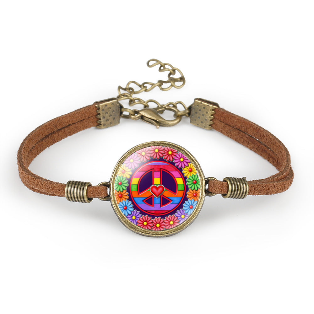 Unisex Leather Bracelet Peace Sign Retro Geometry Pattern With Crystal Inlay And Distressed Finish Packed Gift