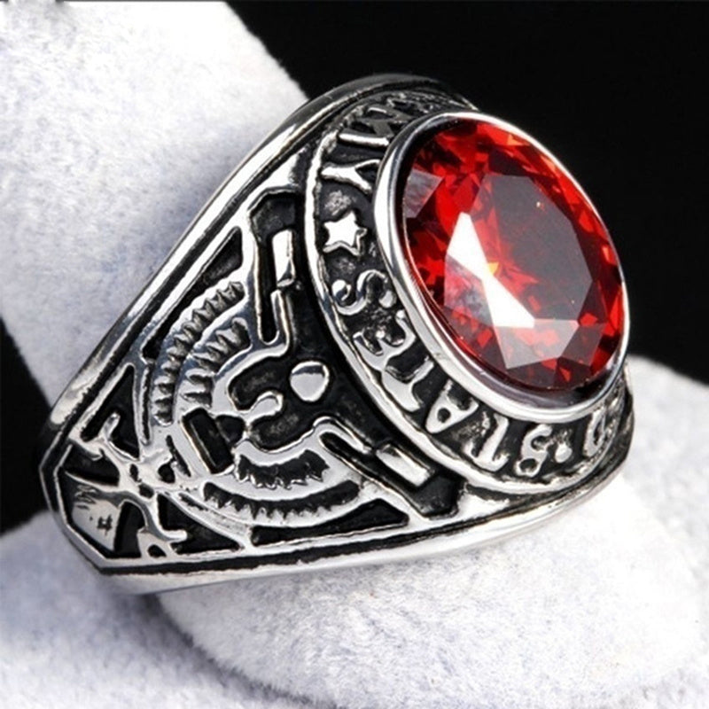 Mens Ring Eagle Inlaid Red Sapphire Alloy Metal Geometric Design Party Jewelry Accessory Unique Fashion Statement