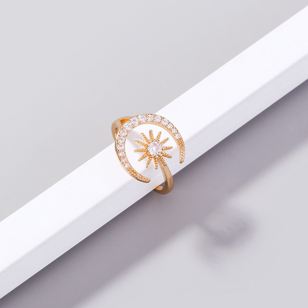Womens Adjustable Star Moon Ring Zircon Copper Jewelry