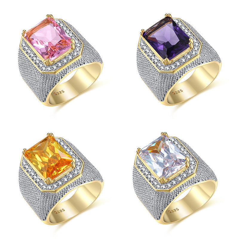 Mens Hip Hop Ring Square Zircon Gold Plated Brass Geometric Statement Jewelry For Men Sturdy Fashion Accessory