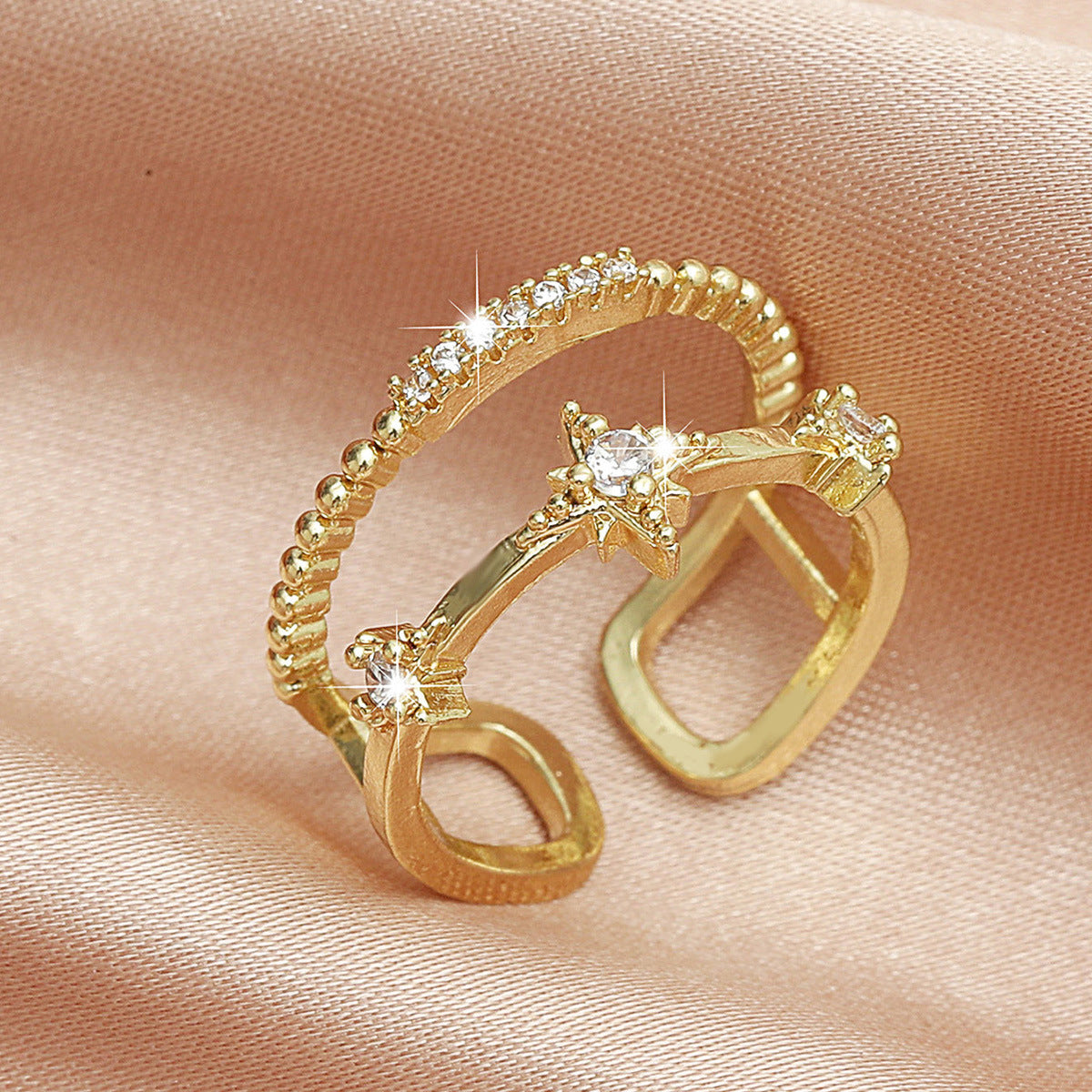 Womens Adjustable Open Ring Double Hexagram Korean Fashion Finger Ring Electroplated Copper Jewelry Gift Trendy