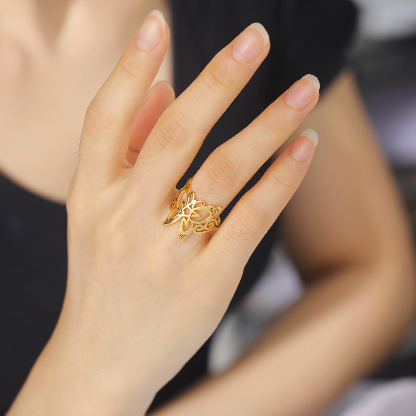 Stainless Steel Pentagram Ring With Pointed Wing Butterfly Design Fashion Jewelry Accessory Size 7 8 9 10 Gold