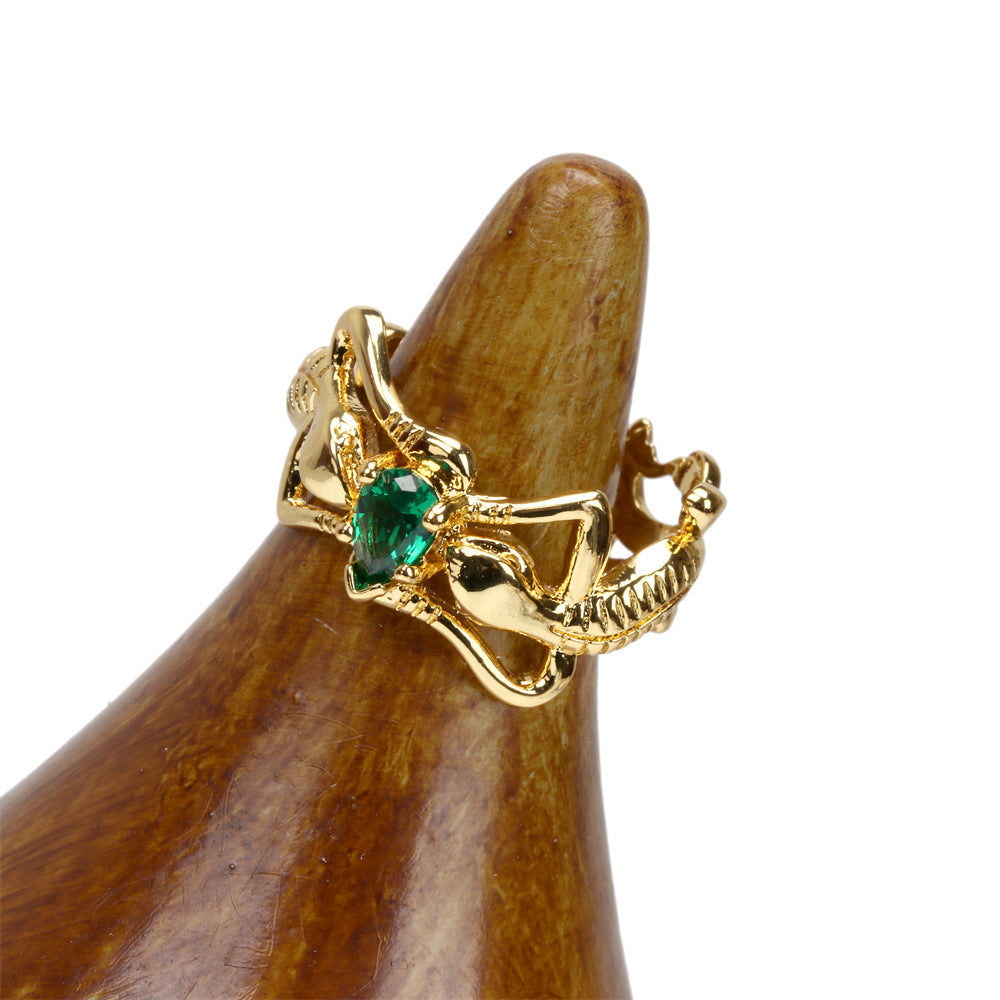 Gecko Ring Green Zircon Gold Plated Copper Adjustable