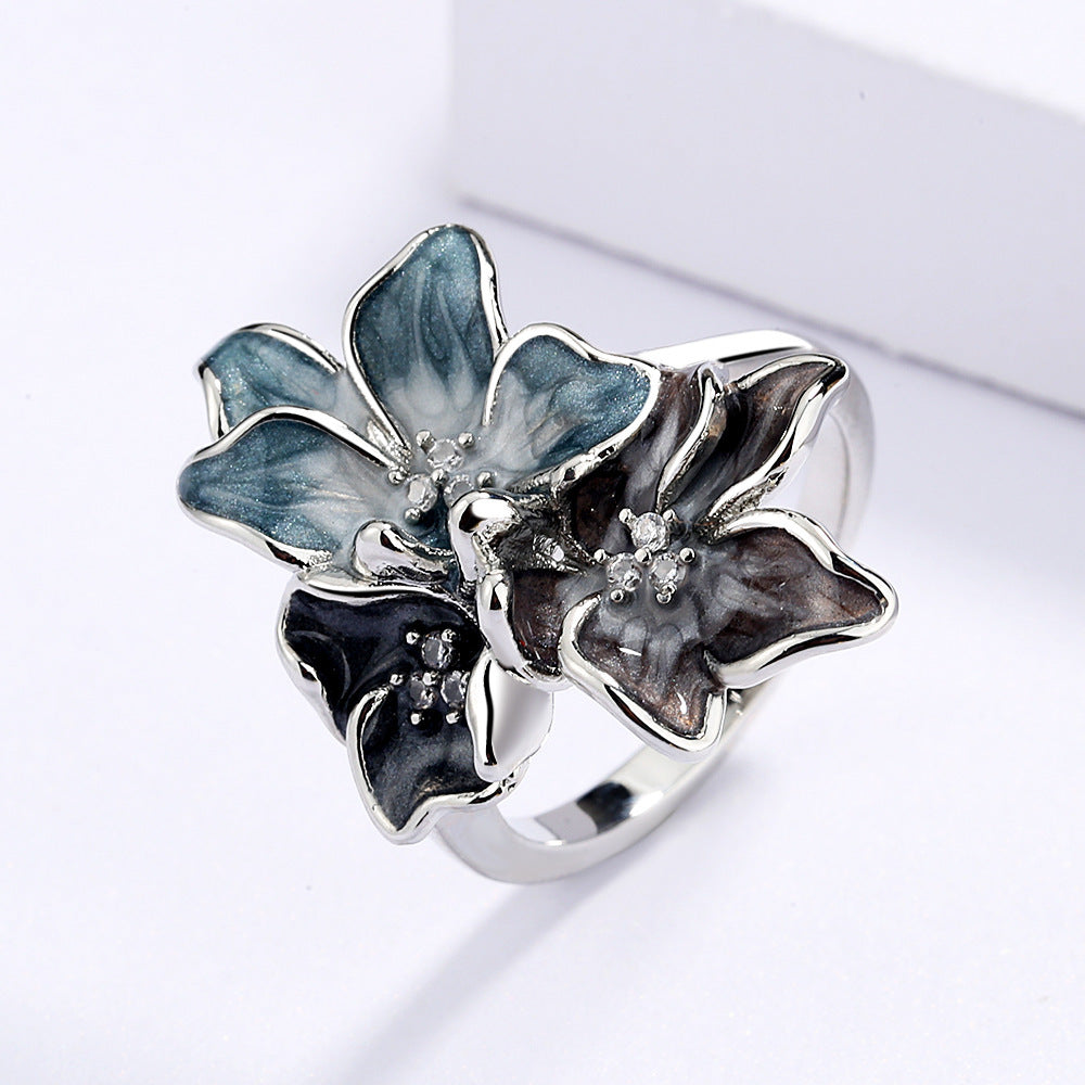 Simple Chinese Style Splash Ink Epoxy Inlaid Zircon Flower Ring For Women Retro Vintage Jewelry Elegant Finish