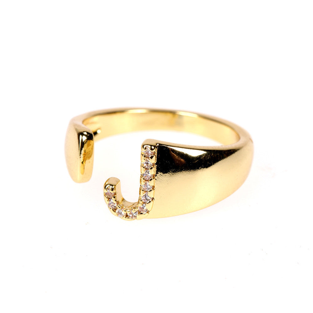 Women Initial Letter Ring Adjustable Gold Plated Diamond Accent Personalized Alphabetical Jewelry Gift For Her