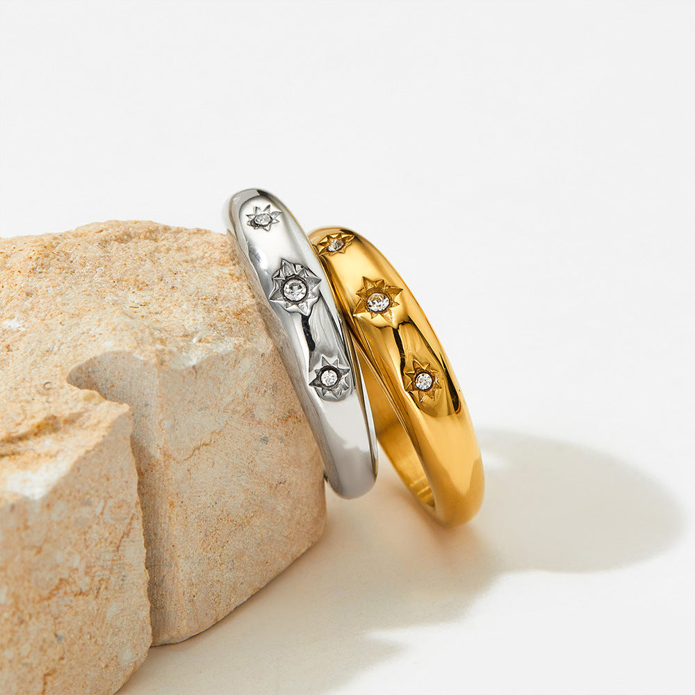 Womens Eight Point Star Ring Stainless Steel Diamond Ring for Women Fashion Electroplated Ring Gift for Her Jewelry Ring for Women Gold and Platinum