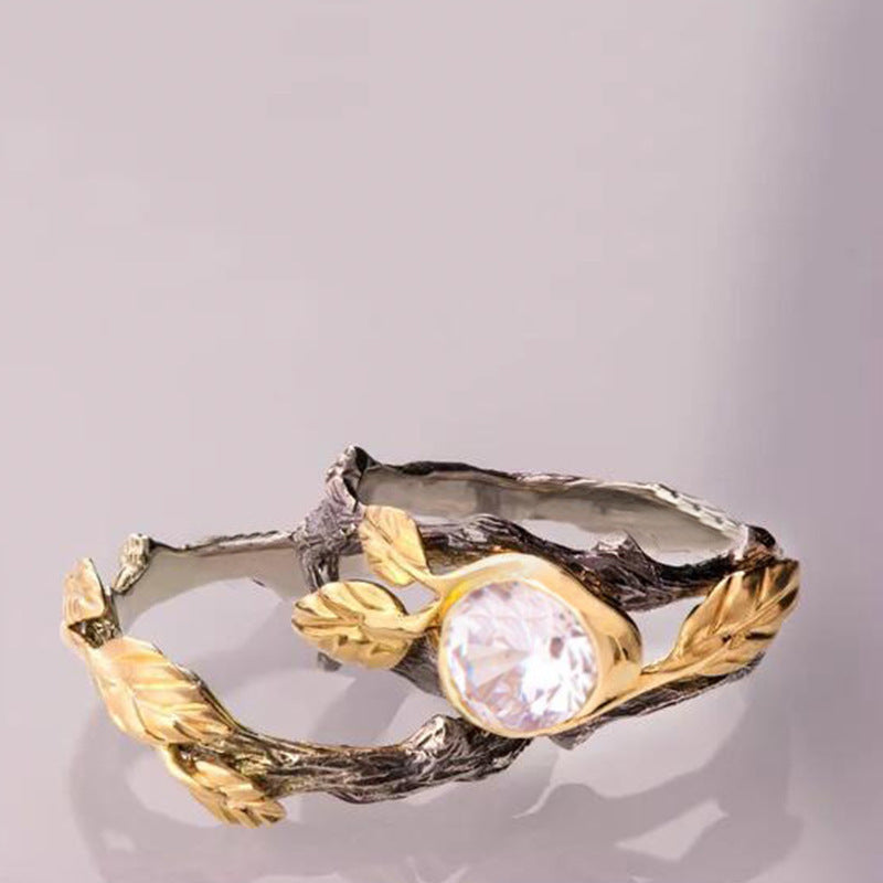 Gold Plated Branch Ring With Zircon Inlaid European Style Metal Jewels For Festivals And Fashion Festival Gift
