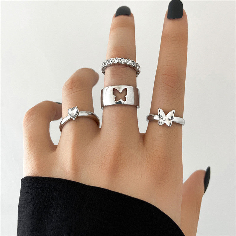Four Piece Ring Set Alloy Rings With Butterfly Rhinestones And Love Joint Design Elegant Fashion Jewelry Women
