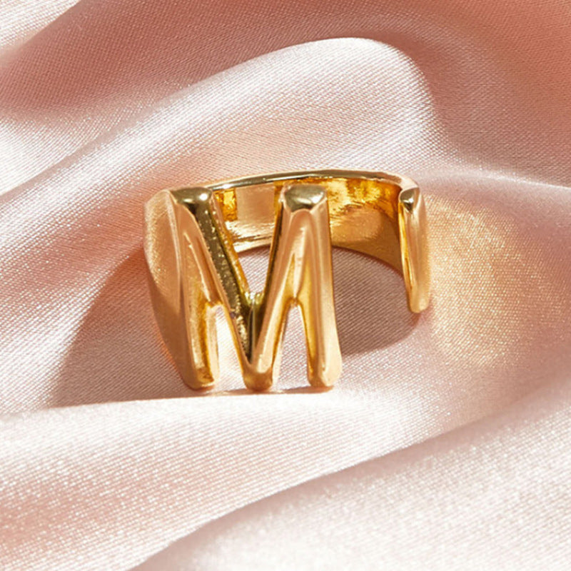 Gold Alloy Letter Ring For Women Initial Alphabet Ring Electroplated Simple Fashion Jewelry Gift For Daily Wear Style