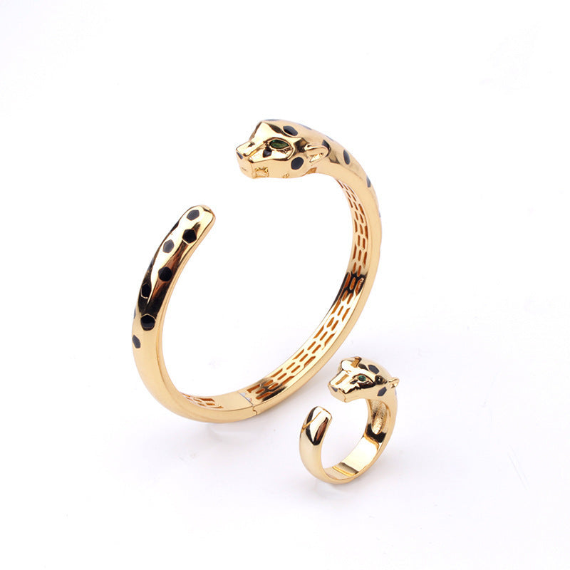 Leopard Bracelet And Ring Set Women Copper Jewelry Zircon Inlaid Eco Friendly Retro European Gifts For Wedding