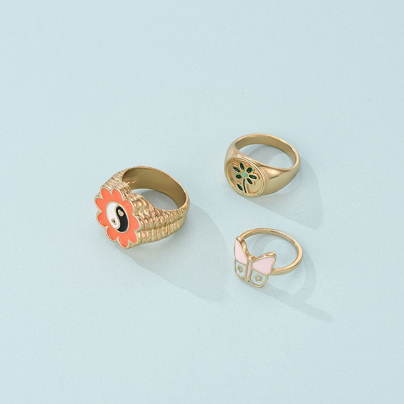 Women Alloy Butterfly Ring Set Three Piece Geometric Dripping Oil Design Elegant Fashion Jewelry For All Occasions