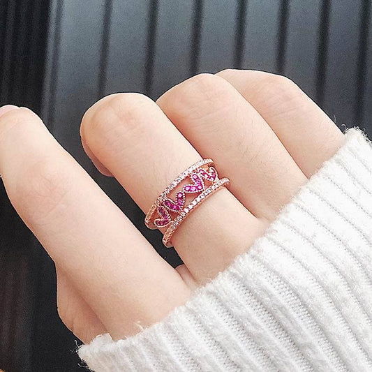 Openwork Heart Ring Alloy With Adjustable Band Inlay Gemstones Rose Gold Or Silver Korean Style Jewelry Design